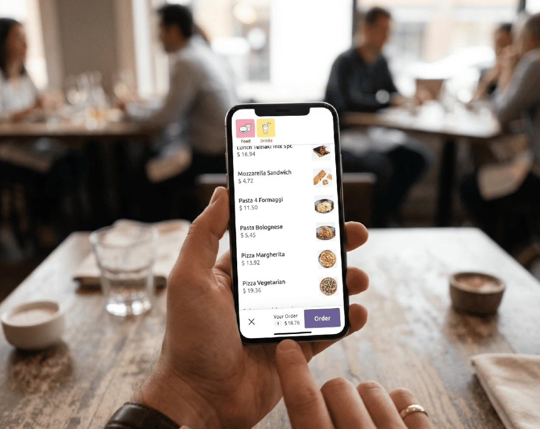 Un cliente pide desde el celular en la mesa